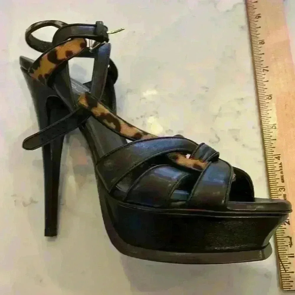 Stunning YSL platform sandals size 39 in brown leather with leopard trim - Picture 4 of 9